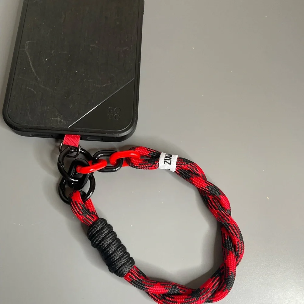 Phone Wrist Lanyard Red and Black Braided Rope with Black Hardware